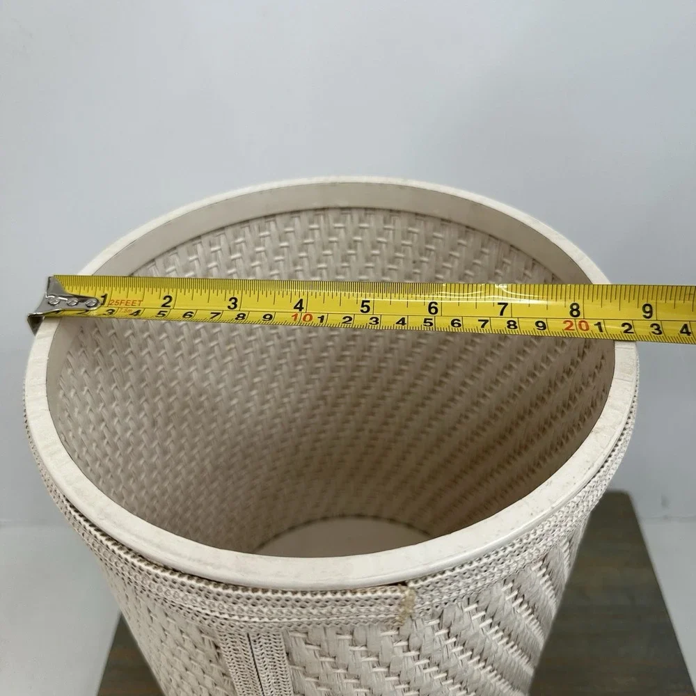 Vintage Woven Wicker & Plastic Wastebasket Trash Can White Cottagecore Beach
